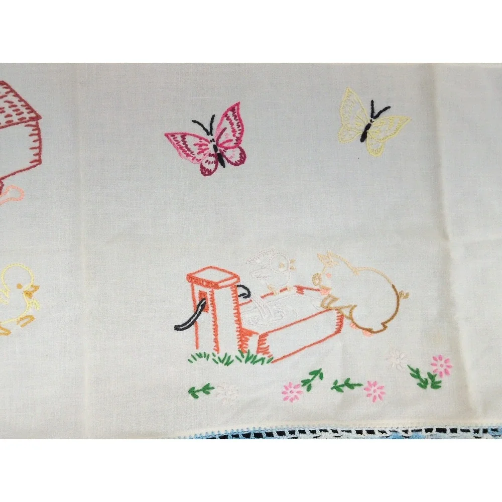 Pair VTG Handmade Embroidered Table Runner Farmhouse Farm Animals Blue Crochet